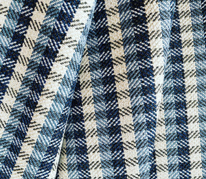 Striped check upholstery fabric in an alternating stripe colors from navy blue, light blue to off white